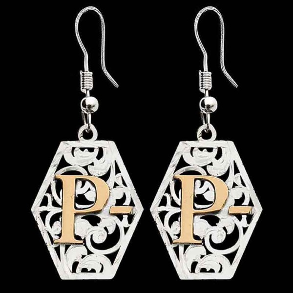 "Let your ears sparkle with elegance. Our Poppy Earrings are on a German Silver base crafted beautifully into a hexagonal shape with immaculate hand-engraved scrolls. Accented with our Jeweler's Bronze initials adding a vibrant charm!

Browse more 